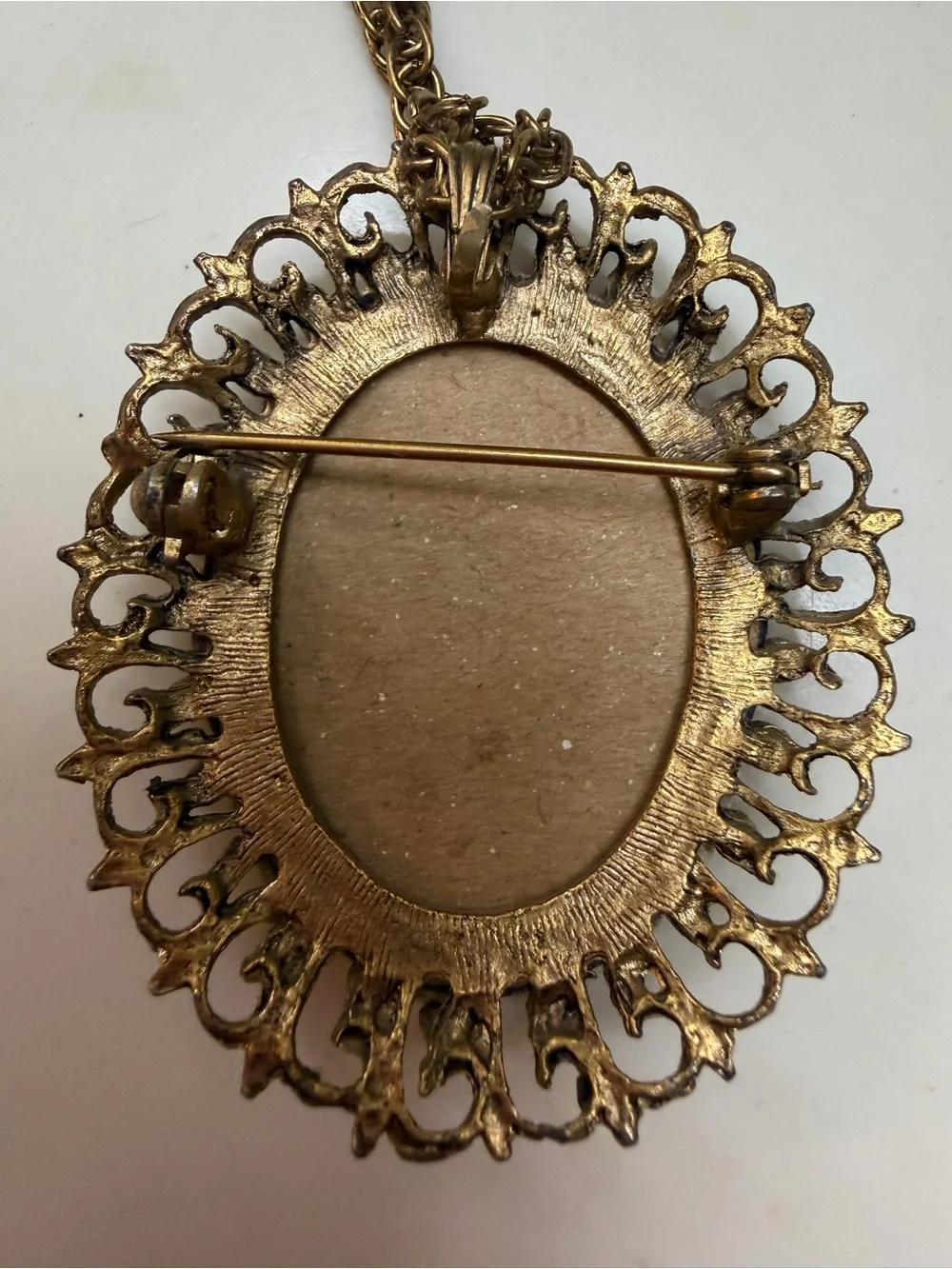 Vintage Hand Embroidered Needlepoint Brooch Pendant Necklace Gold Tone Filigree